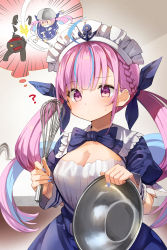 Rule 34 | 1girl, ahoge, anchor symbol, bowl, breasts, cat, cleavage, commentary request, drill hair, fingernails, highres, hololive, kitchen, long hair, maid headdress, medium breasts, minato aqua, minato aqua (1st costume), multicolored hair, ribbon, solo, summer tail720, thinking, twin drills, virtual youtuber, whisk