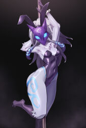 Rule 34 | 1girl, absurdres, alternate costume, armpits, azuuart, body fur, breasts, covered navel, glowing, glowing eyes, gradient background, green eyes, grey hair, groin, highres, kindred (league of legends), lamb (league of legends), league of legends, leotard, long hair, mask, medium breasts, playboy bunny, pole, pole dancing, purple mask, shiny skin, solo, wrist cuffs