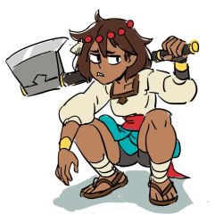 Rule 34 | 1girl, ajna (indivisible), axe, dark-skinned female, dark skin, female focus, indivisible, kinuko (kinucakes), short hair, solo, squatting, weapon
