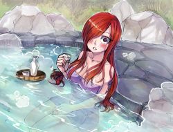 Rule 34 | 1girl, blush, breasts, cleavage, erza scarlet, fairy tail, large breasts, long hair, red hair, rusky, solo, tower, water