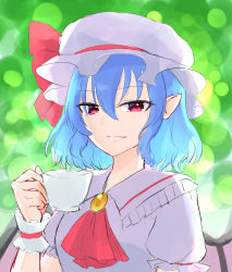 Rule 34 | 1girl, ascot, bat wings, blue hair, bow, brooch, cup, dress, hat, hat ribbon, highres, holding, holding cup, jewelry, looking at viewer, mob cap, mug, nano popo02, one-hour drawing challenge, pink dress, pink hat, pointy ears, red ascot, red bow, red eyes, red ribbon, remilia scarlet, ribbon, touhou, vampire, wings, wrist cuffs