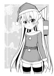 Rule 34 | 1girl, alternate costume, amatsukaze (kancolle), ataru (ataru-littlebird), commentary request, cowboy shot, dress, fur-trimmed dress, fur trim, greyscale, hair tubes, hat, highres, kantai collection, looking at viewer, monochrome, off-shoulder dress, off shoulder, santa costume, santa hat, solo, standing, thighhighs, two side up