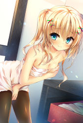 Rule 34 | 1girl, bare shoulders, black pantyhose, blonde hair, blue eyes, blush, box, breasts, cleavage, collarbone, commentary request, hair ornament, huei nazuki, indoors, leaning forward, light smile, long hair, looking at viewer, medium breasts, naked towel, original, pantyhose, solo, towel, towel tug, twintails, x hair ornament