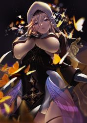Rule 34 | 1girl, aponia (honkai impact), black dress, blonde hair, blue eyes, breast curtains, breasts, bug, butterfly, detached sleeves, dress, gem, hair between eyes, highres, honkai (series), honkai impact 3rd, insect, jewelry, large breasts, long hair, long sleeves, looking at viewer, mole, mole under eye, open mouth, pelvic curtain, pendant, sidelocks, solo, sparkle, suppa (hagakuresuppa), thighs, two-tone dress, underboob, veil, white dress