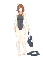 Rule 34 | 1girl, :d, ahoge, barefoot, brown eyes, brown hair, unworn clothes, commentary, competition swimsuit, full body, gluteal fold, hairband, highres, kantai collection, one-piece swimsuit, open mouth, shiratsuyu (kancolle), short hair, simple background, smile, solo, standing, swimsuit, white background, yuuji (and)