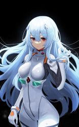 Rule 34 | 1girl, absurdres, alternate hair length, alternate hairstyle, arm at side, ayanami rei, bad id, bad pixiv id, black background, blue hair, bodysuit, breasts, closed mouth, cowboy shot, expressionless, gloves, hair between eyes, hair ornament, hand in own hair, hand up, highres, huge filesize, long hair, looking at viewer, medium breasts, nebu (pixiv22443854), neon genesis evangelion, plugsuit, red hair, revision, simple background, solo, thigh gap, very long hair, white bodysuit, white gloves