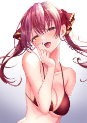 Rule 34 | 1girl, :d, absurdres, bare arms, bare shoulders, bikini, breasts, cleavage, collarbone, gradient background, hair ribbon, half-closed eyes, heterochromia, highres, hololive, houshou marine, index finger raised, long hair, looking at viewer, medium breasts, open mouth, red bikini, red eyes, red hair, ribbon, smile, solo, string bikini, swimsuit, teltelhousi, twintails, upper body, virtual youtuber, yellow eyes