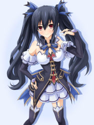 Rule 34 | 10s, 1girl, bare shoulders, black hair, blush, body blush, boots, breasts, bridal gauntlets, detached collar, detached sleeves, dress, female focus, frills, hair between eyes, hair ornament, hand on own hip, head tilt, highres, legs, long hair, looking at viewer, mei ichi, neptune (series), noire (neptunia), red eyes, ribbon, shadow, smile, solo, standing, strapless, strapless dress, thigh boots, thighhighs, twintails, uniform, zettai ryouiki