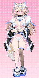Rule 34 | 1girl, animal ear fluff, animal ears, bikini, blue hair, breasts, brown hair, closed mouth, dog ears, dog girl, dog tail, eyepatch bikini, full body, fuwawa abyssgard, fuwawa abyssgard (1st costume), gradient background, highres, hololive, hololive english, large breasts, looking at viewer, multicolored hair, pink background, polka dot, polka dot background, smile, solo, standing, swimsuit, tail, two-tone hair, virtual youtuber, waterring, white bikini