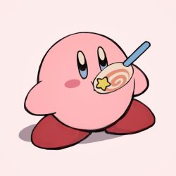 Rule 34 | blue eyes, blush stickers, candy, eating, enotou (enotou moi), food, invincible candy, kirby, kirby (series), lollipop, nintendo, pink background, shadow, simple background, solo