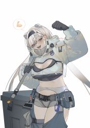 Rule 34 | 1girl, :d, absurdres, animal ears, arknights, aurora (arknights), bear ears, belt, black hairband, black shirt, blue eyes, blush, breasts, cleavage, cleavage cutout, clenched hand, clothing cutout, commentary request, cowboy shot, crop top, cropped jacket, grey shorts, hairband, highres, jacket, large breasts, leyanlian, long hair, looking at viewer, midriff, navel, open mouth, pouch, shirt, short shorts, shorts, silver hair, simple background, smile, solo, speech bubble, standing, stomach, thighs, white background, white jacket