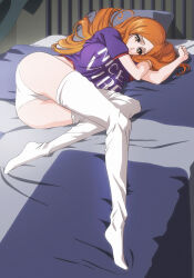 Rule 34 | 1girl, absurdres, ass, bed, bleach, breasts, female focus, full body, highres, inoue orihime, large breasts, looking at viewer, lying, on bed, on side, orange hair, panties, rozuberry, solo, text focus, underwear