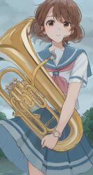 Rule 34 | 1girl, absurdres, blue sailor collar, blue skirt, brown eyes, brown hair, closed mouth, clothes lift, euphonium, expressionless, floating clothes, hibike! euphonium, highres, holding, holding instrument, instrument, kitauji high school uniform, light blush, looking at viewer, neckerchief, ogura (sao no), oumae kumiko, outdoors, overcast, pink neckerchief, pleated skirt, sailor collar, school uniform, shirt, short hair, short sleeves, skirt, skirt lift, sky, solo, split mouth, summer uniform, tree, watch, white shirt, wind, wind lift, wristwatch