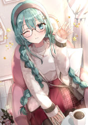 Rule 34 | 1girl, absurdres, alternate costume, alternate hairstyle, bad id, bad pixiv id, beige sweater, bespectacled, black hairband, black pantyhose, blue eyes, braid, coffee, cup, flower, glasses, hair ornament, hairband, hairclip, hand on own leg, hatsune miku, highres, jewelry, kebaboishii, long hair, mug, necklace, one eye closed, pantyhose, red skirt, sitting, skirt, solo, twin braids, vocaloid, waving, white flower
