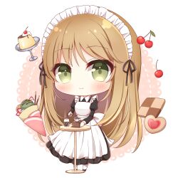 Rule 34 | 1girl, apron, big head, black dress, black footwear, brown hair, checkerboard cookie, cherry, chibi, closed mouth, coffee grinder, collared dress, commentary request, commission, cookie, crepe, dress, food, frilled apron, frills, fruit, full body, green eyes, heart, highres, holding, juliet sleeves, long hair, long sleeves, maid, maid apron, maid headdress, original, pantyhose, partial commentary, pixiv commission, pudding, puffy sleeves, shoes, simple background, smile, solo, standing, very long hair, white apron, white background, white pantyhose, yukiyuki 441