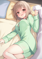 Rule 34 | 1girl, :d, bed, blush, breasts, brown eyes, brown hair, childhood friend (ominaeshi), collared shirt, commentary request, dress shirt, feet out of frame, green pajamas, green shirt, green shorts, hand up, highres, holding, long sleeves, looking at viewer, lying, medium breasts, ominaeshi (takenoko), on side, open mouth, original, pajamas, pillow, shirt, short shorts, shorts, smile, solo