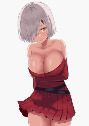 Rule 34 | 1girl, absurdres, alternate costume, alternate eye color, bare shoulders, breasts, christmas tree hair ornament, cleavage, collarbone, commentary, cowboy shot, dress, grey hair, hair ornament, hair over one eye, hamakaze (kancolle), highres, kantai collection, lanthan, large breasts, off-shoulder dress, off shoulder, pleated dress, red dress, short hair, simple background, solo, white background, yellow eyes
