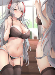 Rule 34 | 1girl, antenna hair, azur lane, blush, bra, breasts, cleavage, garter straps, highres, houraku, large breasts, lingerie, long hair, looking at viewer, mirror, multicolored hair, navel, open mouth, panties, prinz eugen (azur lane), red hair, reflection, silver hair, solo, streaked hair, thighhighs, two side up, underwear, underwear only, very long hair