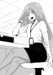 Rule 34 | 1girl, adjusting hair, ceiling, chair, commentary, crossed legs, english commentary, greyscale, highres, id card, indoors, lanyard, laughing, long hair, looking at viewer, melissa renata, monochrome, norman maggot, office, office chair, office lady, open mouth, original, pantyhose, pencil skirt, shirt tucked in, sitting, skirt, solo, swivel chair