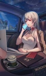 Rule 34 | 1girl, absurdres, breasts, city, coffee cup, crazy ones, cup, disposable cup, dress, earrings, formal, grey hair, highres, jewelry, large breasts, long hair, night, night sky, notebook, official art, red eyes, sitting, sky, solo, talking on phone, white dress, xia bing (crazy ones)