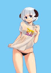 Rule 34 | 1girl, absurdres, black panties, blue background, blue eyes, blunt bangs, contrapposto, cowboy shot, curled horns, hand up, highres, horns, kion-kun, looking at viewer, original, panties, parted lips, shirt, short hair, short sleeves, simple background, skindentation, smile, solo, standing, thick eyebrows, underwear, white shirt
