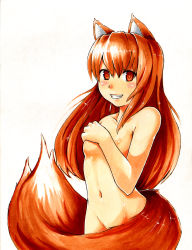 Rule 34 | 1girl, absurdres, animal ears, blush, covering privates, covering breasts, covering crotch, cowboy shot, grin, groin, highres, holo, long hair, looking at viewer, navel, nude, red eyes, red hair, robert knight, simple background, smile, solo, spice and wolf, tail, white background, wolf ears, wolf tail