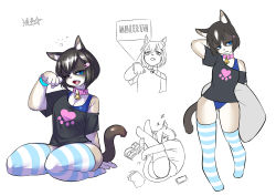 Rule 34 | 1girl, animal ears, bell, black hair, blue eyes, book, bow, cat ears, cat girl, cat tail, closed mouth, furry, furry female, hair between eyes, jingle bell, leotard, looking at viewer, multiple views, original, paw pose, ryuusei (mark ii), shirt, short hair, sleeping, striped clothes, striped thighhighs, tail, tail raised, thighhighs, zzz
