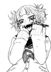 Rule 34 | 10s, 1girl, blood, blood on face, blush, boku no hero academia, buttons, commentary request, double bun, fangs, greyscale, hair bun, hands up, highres, himajin noizu, long sleeves, looking at viewer, monochrome, neckerchief, open mouth, school uniform, serafuku, short hair, simple background, solo, toga himiko, upper body, white background