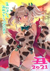 Rule 34 | 1girl, 2021, animal ears, animal print, bandaged leg, bandages, bare shoulders, bell, blush, bow, bowtie, coat, covered navel, cow ears, cow girl, cow horns, cow print, full moon, green bow, green ribbon, grey hair, hair ornament, hair ribbon, highres, horns, leotard, looking at viewer, moon, off shoulder, open clothes, open coat, original, patchwork skin, purple eyes, ribbon, single thighhigh, solo, strapless, strapless leotard, super zombie, sweatdrop, thighhighs, torii, twintails, twitter username