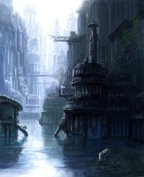 Rule 34 | 1girl, building, cable, city, cityscape, day, denki, outdoors, plant, scenery, science fiction, solo, standing, water