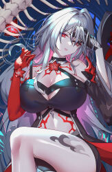Rule 34 | 1girl, acheron (honkai: star rail), bare shoulders, black choker, breasts, choker, cleavage, commentary request, detached sleeves, flower, head tilt, highres, honkai: star rail, honkai (series), large breasts, leg tattoo, long hair, looking at viewer, midriff, misheng liu yin, official alternate color, parted lips, red eyes, red flower, short sleeves, solo, stomach, tattoo, thighs, very long hair, white hair