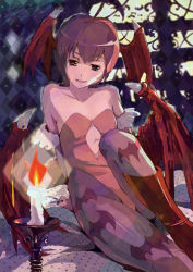 Rule 34 | 1girl, animal print, arm support, bare shoulders, bat print, bed, brown eyes, candle, capcom, demon girl, demon wings, fang, flat chest, head wings, leotard, lilith aensland, low wings, md5 mismatch, open mouth, pantyhose, print pantyhose, purple hair, resolution mismatch, smile, solo, source smaller, tanaka noel, vampire (game), wings