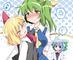 Rule 34 | &gt; &lt;, 3girls, :d, > <, ?, anger vein, angry, blonde hair, blue eyes, blue hair, blush, bow, breasts, cirno, clueless, commentary request, daiyousei, dress, empty eyes, closed eyes, female focus, full-face blush, green eyes, green hair, hair bow, hair ribbon, hammer (sunset beach), head tilt, long hair, multiple girls, musical note, nose blush, open mouth, quaver, ribbon, rumia, short hair, side ponytail, smile, spoken anger vein, spoken musical note, spoken question mark, tareme, touhou, wavy mouth, wings, xd
