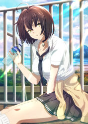 Rule 34 | 1girl, :o, ahoge, azur lane, baltimore (after-school ace) (azur lane), baltimore (azur lane), between legs, black choker, black necktie, black skirt, blue sky, bottle, braid, breasts, brown hair, cardigan, cardigan around waist, choker, clothes around waist, cloud, collarbone, collared shirt, commentary request, day, french braid, hair between eyes, hand between legs, highres, holding, holding bottle, kneehighs, lens flare, looking at viewer, loose necktie, medium breasts, murasaki tsutsuji, necktie, official alternate costume, outdoors, parted lips, partially unbuttoned, pleated skirt, railing, school uniform, shadow, shirt, short hair, short sleeves, sidelocks, sitting, skirt, sky, socks, solo, water bottle, white shirt, white socks, yellow eyes