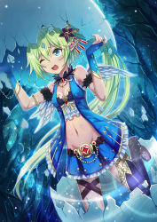 Rule 34 | 1girl, absurdres, blue eyes, blue skirt, breasts, cleavage, egg, green hair, highres, ling si, long hair, navel, one eye closed, open mouth, original, ponytail, skirt, small breasts, solo, wings