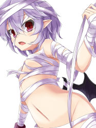 Rule 34 | 1girl, akisome hatsuka, bandages, bandaged arm, bandages, bat wings, breasts, cosplay, frown, hair between eyes, halloween, halloween costume, light purple hair, looking at viewer, mummy, naked bandage, navel, pointy ears, red eyes, remilia scarlet, short hair, simple background, small breasts, solo, touhou, white background, wings