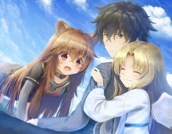 Rule 34 | 1boy, 2girls, all fours, animal ear fluff, animal ears, blonde hair, blue sky, brown hair, collar, crossed bangs, day, feathered wings, filo (tate no yuusha no nariagari), green eyes, hair between eyes, iwatani naofumi, long hair, looking at another, multiple girls, outdoors, parted bangs, psyche3313, raccoon ears, raccoon tail, raphtalia, red eyes, sky, smile, tail, tate no yuusha no nariagari, white wings, wings