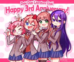 Rule 34 | 4girls, :d, ;d, anniversary, black legwear, blue eyes, blue sky, bow, brown hair, commentary request, copyright name, doki doki literature club, fang, green eyes, green jacket, grin, hair between eyes, hair bow, hair ornament, hair ribbon, hairclip, hand on another&#039;s shoulder, hand on own hip, highres, jacket, long hair, long sleeves, looking at viewer, monika (doki doki literature club), multiple girls, nan (gokurou), natsuki (doki doki literature club), one eye closed, open mouth, parted lips, pink eyes, pink hair, pleated skirt, ponytail, purple eyes, purple hair, red bow, red ribbon, ribbon, sayori (doki doki literature club), school uniform, short hair, simple background, skirt, sky, smile, thighhighs, two side up, very long hair, w, watermark, white ribbon, yuri (doki doki literature club), zettai ryouiki