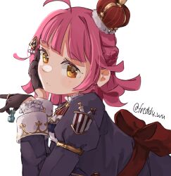 Rule 34 | 1girl, absurdres, ahoge, back bow, black gloves, black jacket, blunt bangs, blunt ends, bow, commentary, crown, expressionless, fregie, gloves, hair ornament, hand on own face, highres, holding chess piece, jacket, juliet sleeves, long sleeves, looking at viewer, love live!, love live! nijigasaki high school idol club, lying, medium hair, mini crown, on stomach, pink hair, puffy sleeves, red bow, sidelocks, solo, tennoji rina, twitter username, upper body, white background, yellow eyes