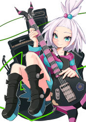 Rule 34 | 1girl, absurdres, amplifier, bass guitar, black footwear, blush, boots, cable, closed mouth, commentary request, creatures (company), dress, eyelashes, game freak, green eyes, gym leader, hair bobbles, hair ornament, highres, holding, holding instrument, instrument, looking at viewer, medium hair, microphone, microphone stand, nintendo, outline, platform boots, platform footwear, pokemon, pokemon bw2, roxie (pokemon), smile, solo, spiked hair, striped clothes, striped dress, topknot, two-tone dress, white hair, yottur