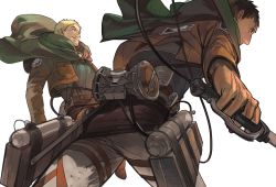 Rule 34 | 2boys, ass, bertolt hoover, blonde hair, brown hair, capelet, feet out of frame, foreshortening, from behind, green capelet, harness, jacket, leather, leather jacket, looking to the side, male focus, multiple boys, pants, prema-ja, reiner braun, shingeki no kyojin, short hair, sideburns, smile, three-dimensional maneuver gear, white pants, wind