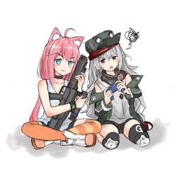 Rule 34 | 2girls, ahoge, animal ears, artist request, assault rifle, blue hair, bullpup, caseless firearm, cat ears, commentary request, controller, crossover, g11 (girls&#039; frontline), girls&#039; frontline, grey hair, gun, h&amp;k g11, hinata channel, holding, holding weapon, horizontal magazine, multiple girls, nekomiya hinata, pink hair, playing games, red eyes, rifle, thighhighs, upset, virtual youtuber, weapon