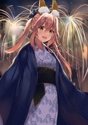 Rule 34 | 10s, 1girl, animal ear fluff, animal ears, fate/extra, fate/grand order, fate (series), fireworks, fox ears, fox girl, heroic spirit traveling outfit, highres, japanese clothes, kimono, obi, official alternate costume, open mouth, pink hair, sash, solo, tamamo (fate), tamamo no mae (fate/extra), tamamo no mae (traveling outfit) (fate), xiaozuo cang, yellow eyes, yukata