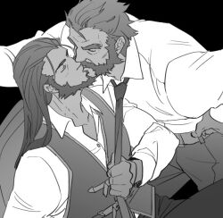 Rule 34 | 2boys, bara, beard, black background, closed eyes, collared shirt, couple, cowboy hat, facial hair, feet out of frame, forked eyebrows, from side, graves (league of legends), greyscale, hair slicked back, hat, karipaku, kiss, league of legends, long hair, male focus, mature male, monochrome, multiple boys, muscular, muscular male, mustache, necktie, necktie grab, neckwear grab, partially unbuttoned, shirt, short hair, sitting, standing, thick eyebrows, twisted fate, yaoi