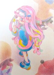 Rule 34 | 1girl, blue eyes, blue footwear, candy, co ma tsu na, food, from above, goggles, goggles on head, harmony (splatoon), highres, holding, holding candy, holding food, holding lollipop, lollipop, long hair, looking at viewer, nintendo, no nose, open mouth, pink hair, shadow, shoes, splatoon (series), splatoon 3, very long hair