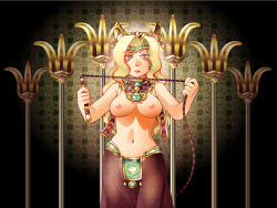 Rule 34 | 1girl, animal ears, bastet (mythology), black background, blonde hair, breasts, cat ears, commentary request, daimaou k, deel, disdain, egyptian, egyptian mythology, facepaint, haevest, harem pants, jewelry, lipstick, long hair, looking down, makeup, multicolored hair, narrowed eyes, navel, necklace, nipples, original, pants, patterned background, purple eyes, see-through, solo, tiara, topless, whip