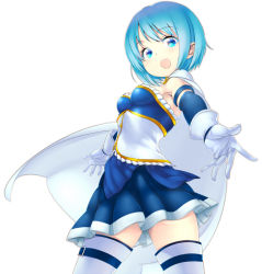 Rule 34 | 10s, 1girl, armband, blue eyes, blue hair, boots, cape, gloves, looking back, magical girl, mahou shoujo madoka magica, mahou shoujo madoka magica (anime), matching hair/eyes, miki sayaka, short hair, skirt, smile, solo, standing, thigh boots, thighhighs, zettai ryouiki, zizi (zz22)