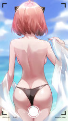 Rule 34 | 1girl, ahoge, anya (spy x family), ass, back, back focus, backboob, bare back, bikini, bikini bottom only, blue sky, blurry, blurry background, breasts, butt crack, chinese commentary, cloud, commentary request, cowboy shot, day, female focus, from behind, hair ornament, highres, medium breasts, mumu mago, ocean, aged up, outdoors, pink hair, short hair, sky, solo, spy x family, standing, swimsuit, thigh gap, thighs, topless, upper body, water