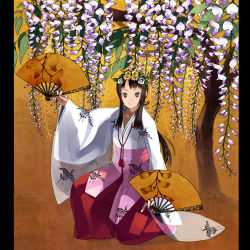 Rule 34 | 1girl, bird, brown eyes, brown hair, crane (animal), dual wielding, hand fan, flower, folding fan, hair flower, hair ornament, head wreath, highres, holding, japanese clothes, kneeling, miko, on one knee, original, pillarboxed, ponytail, shihou (g-o-s), solo, tree, wisteria