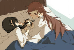 Rule 34 | 10s, 2girls, bed, black hair, blanket, blush, brown eyes, brown hair, d.y.x., kantai collection, kitakami (kancolle), long hair, looking at another, lying, multiple girls, ooi (kancolle), pillow, playing with another&#039;s hair, sleeping, yuri